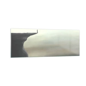 Cuadro sobre vidrio - Impresiones sobre Vidrio - Silueta de una figura en el borde de un acantilado en un paisaje brumoso - 140x50cm - Hacia arriba, ¡por supuesto! - Decoración de pared moderna para salón y dormitorio ARTTOR