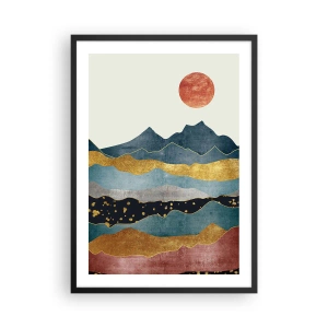 Póster en marco negro - Montañas abstractas en tonos dorados, azules y rojos. - 50x70cm - Sección transversal del mundo - Decoración de pared moderna para salón y dormitorio ARTTOR