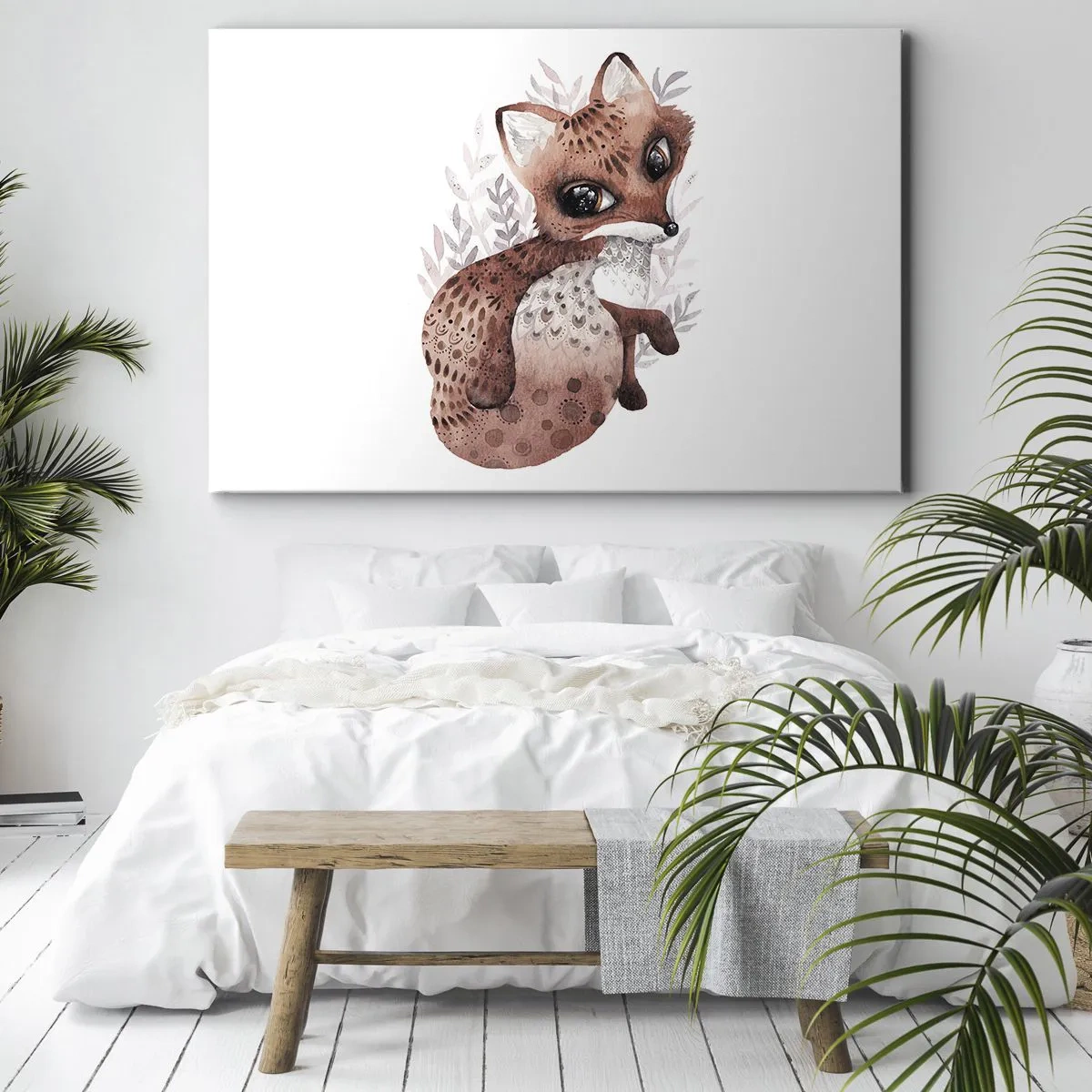 Cuadro sobre lienzo - Impresión de Imagen - Un lindo zorro de acuarela sobre un fondo claro. - 70x50cm - Dulzura y amor - Decoración de pared moderna para salón y dormitorio ARTTOR