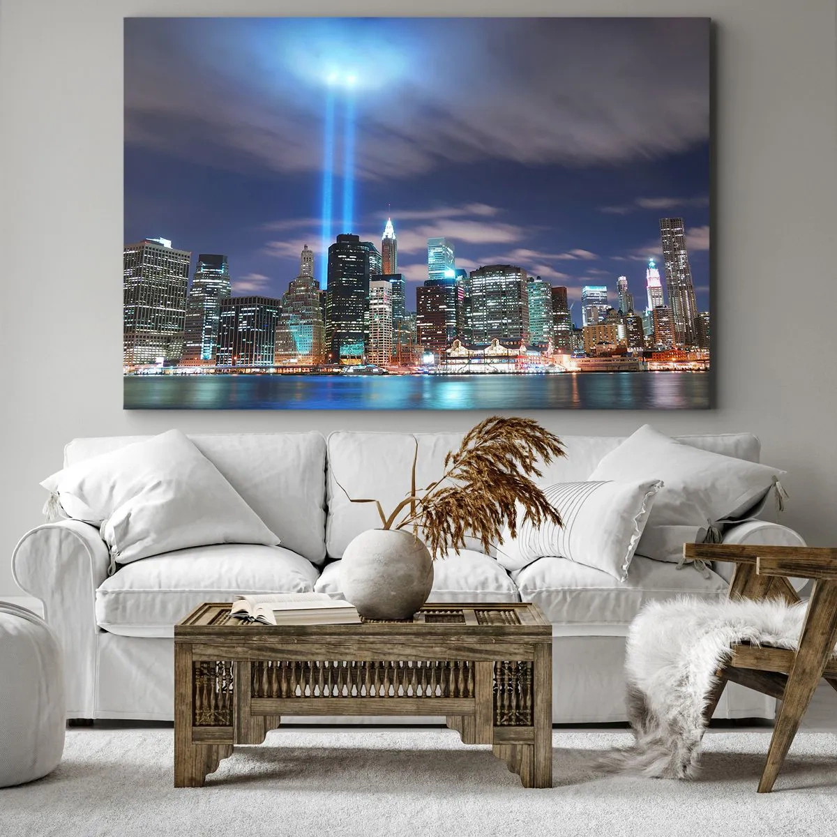 Cuadro sobre lienzo - Impresión de Imagen - Panorama nocturno de la ciudad con dos rayos de luz brillantes en el cielo - 100x70cm - Con luz para alcanzar el cielo - Decoración de pared moderna para salón y dormitorio ARTTOR