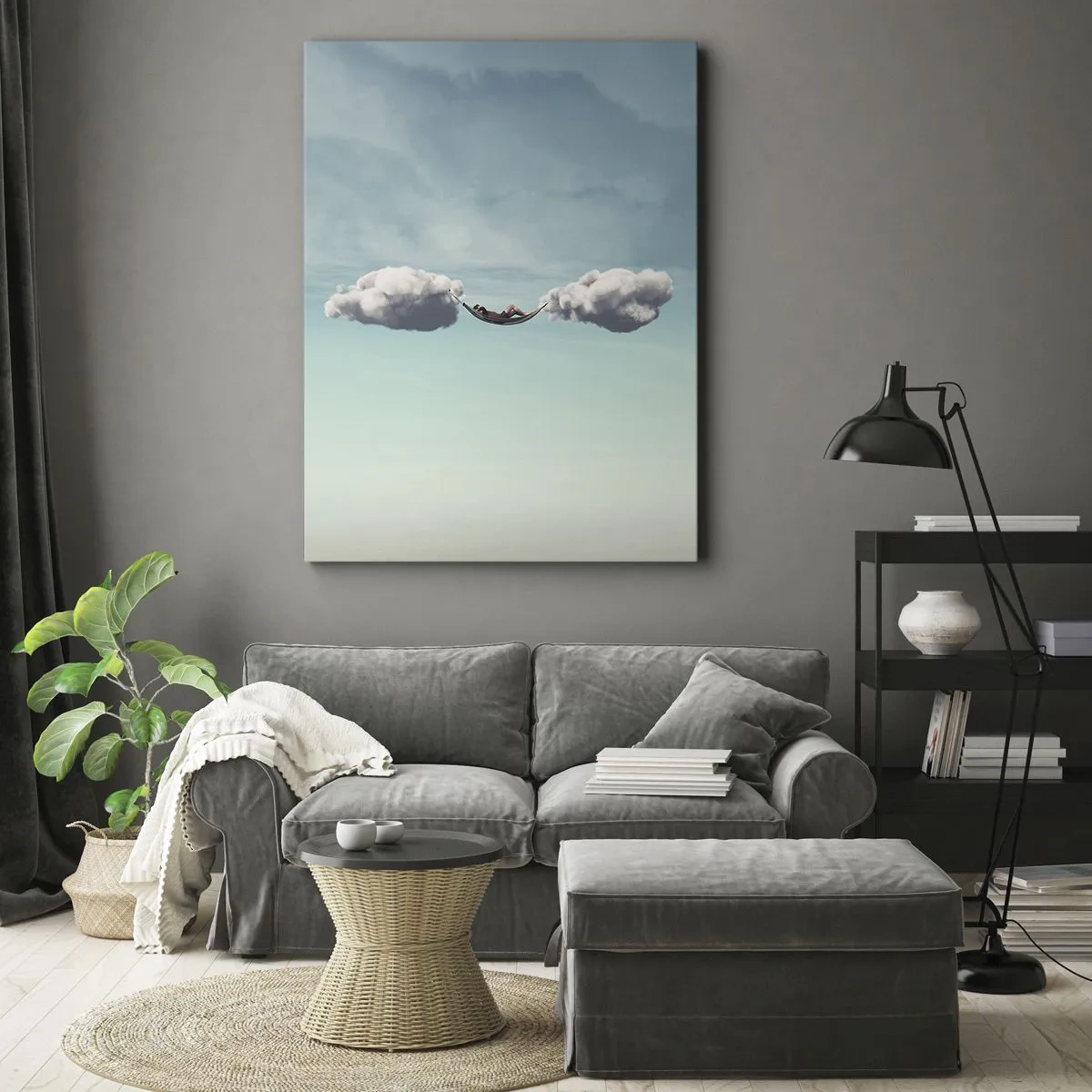 Cuadro sobre lienzo - Impresión de Imagen - Una persona relajándose en una hamaca suspendida en las nubes. - 70x100cm - La felicidad del momento - Decoración de pared moderna para salón y dormitorio ARTTOR