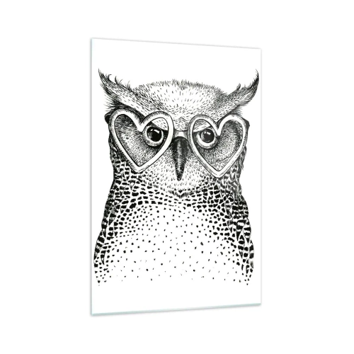 Cuadro sobre vidrio - Impresiones sobre Vidrio - Gráfico elegante de un búho con gafas en forma de corazón. - 70x100cm - Con sabiduría y amor - Decoración de pared moderna para salón y dormitorio ARTTOR