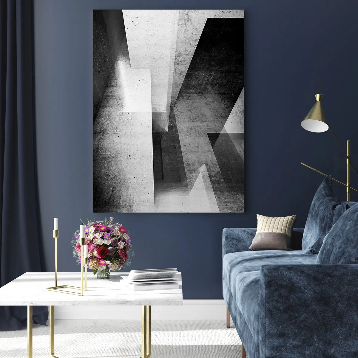 Cuadro sobre vidrio - Impresiones sobre Vidrio - Formas geométricas en una composición monocromática - 80x120cm - La estructura del espacio - Decoración de pared moderna para salón y dormitorio ARTTOR