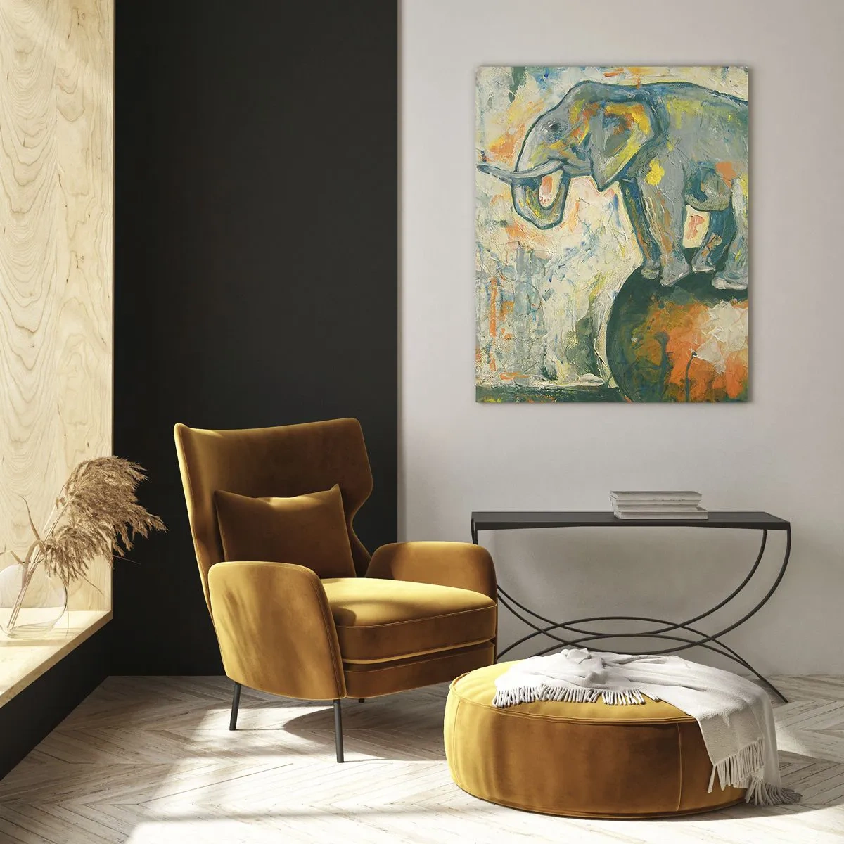 Cuadro sobre vidrio - Impresiones sobre Vidrio - Un elefante haciendo equilibrio sobre una pelota en un estilo artístico. - 80x120cm - ¡Viva el circo! - Decoración de pared moderna para salón y dormitorio ARTTOR