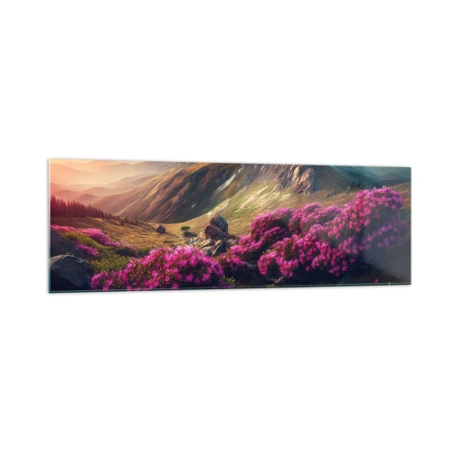 Cuadro sobre vidrio - Impresiones sobre Vidrio - Paisaje de montaña con rododendros en flor - 160x50cm - Verano en las montañas - Decoración de pared moderna para salón y dormitorio ARTTOR