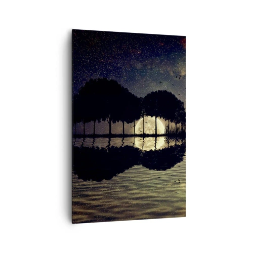 Cuadro sobre lienzo - Impresión de Imagen - Una noche mágica con árboles y la luna reflejada en el agua. - 80x120cm - Noche en el fin del mundo - Decoración de pared moderna para salón y dormitorio ARTTOR