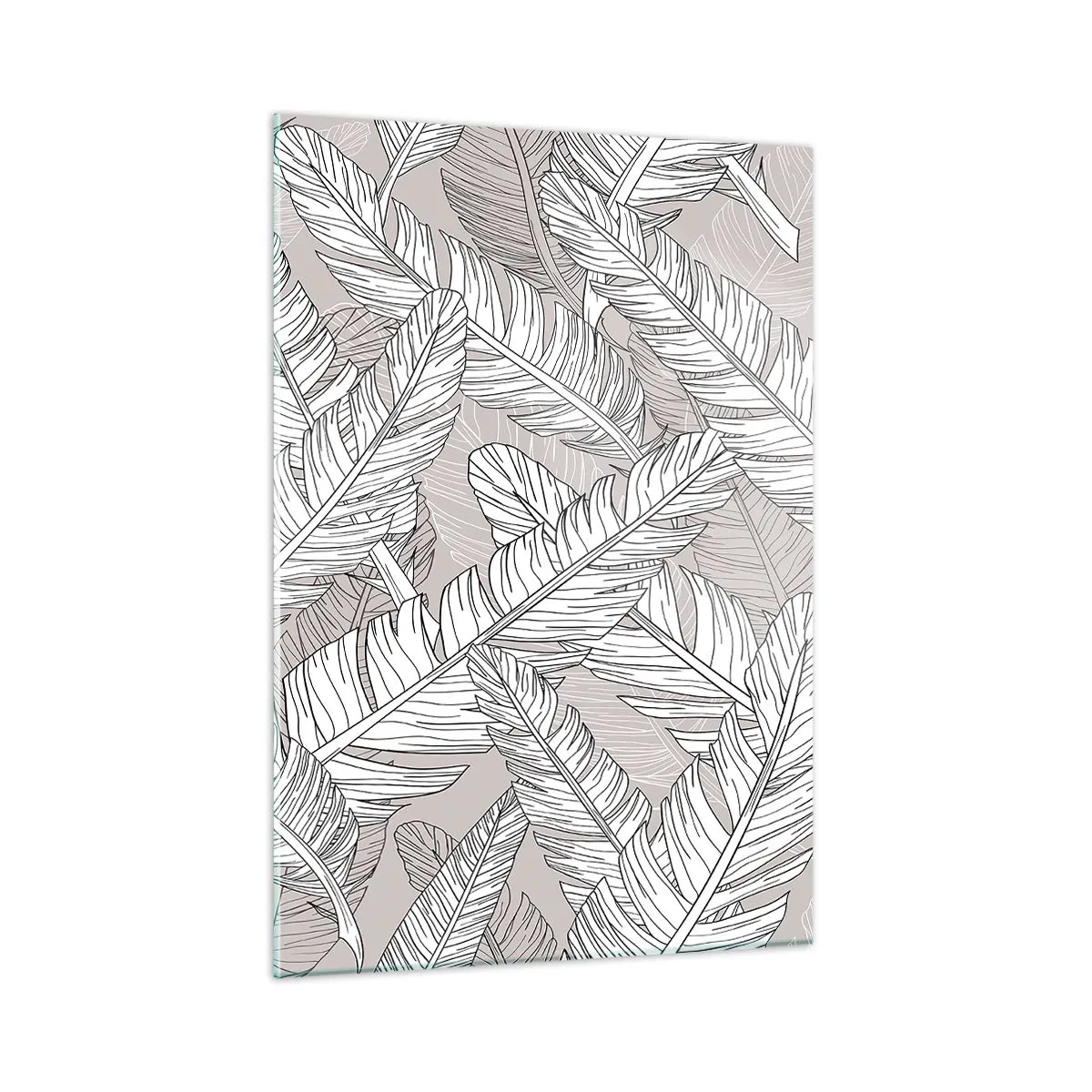 Cuadro sobre vidrio - Impresiones sobre Vidrio - Hojas en blanco y negro sobre un fondo beige en un estilo gráfico. - 50x70cm - Turbulencias de plumas - Decoración de pared moderna para salón y dormitorio ARTTOR