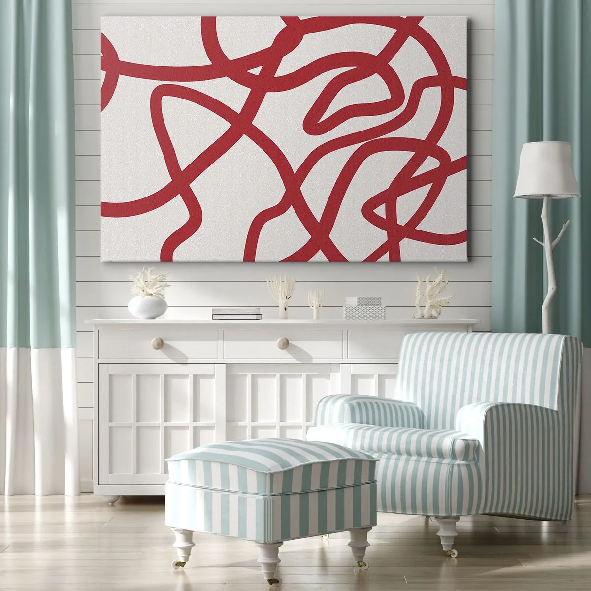 Cuadro sobre lienzo - Impresión de Imagen - Líneas abstractas rojas sobre un fondo blanco - 70x50cm - Rojo sobre blanco - Decoración de pared moderna para salón y dormitorio ARTTOR