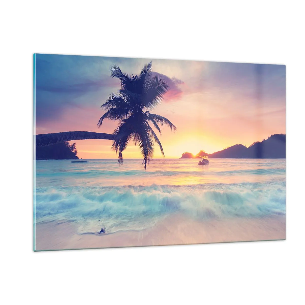 Cuadro sobre vidrio - Impresiones sobre Vidrio - Playa de palmeras al atardecer con un barco en el horizonte - 120x80cm - Atardecer en la bahía - Decoración de pared moderna para salón y dormitorio ARTTOR