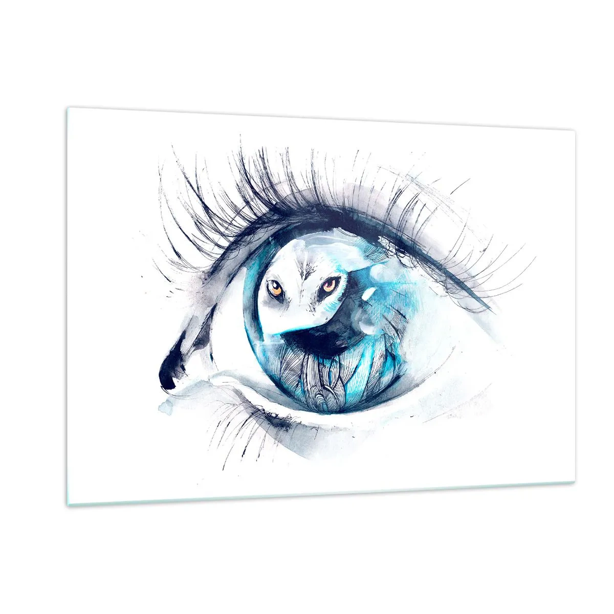 Cuadro sobre vidrio - Impresiones sobre Vidrio - Ojo de mujer con motivo de búho en estilo acuarela. - 120x80cm - Ojo con la naturaleza - Decoración de pared moderna para salón y dormitorio ARTTOR