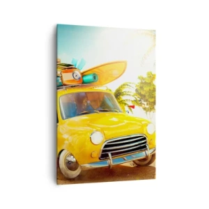 Cuadro sobre lienzo - Impresión de Imagen - Un coche amarillo con equipaje frente a un paisaje tropical. - 70x100cm - Un viaje para más de una sonrisa - Decoración de pared moderna para salón y dormitorio ARTTOR