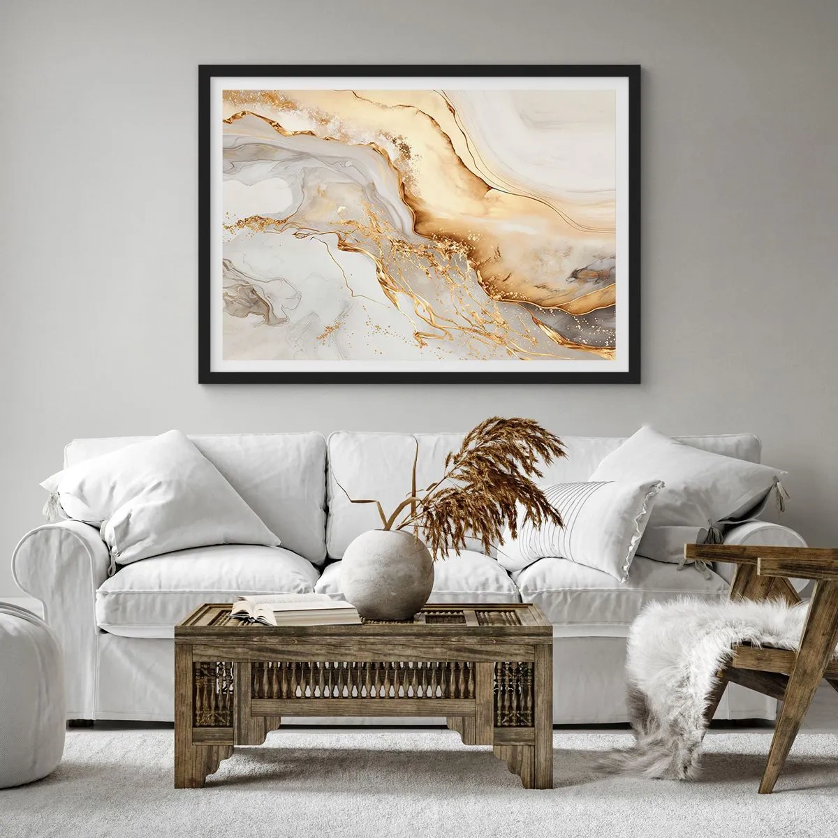 Póster en marco negro - Patrones abstractos de oro y mármol sobre un fondo claro. - 70x50cm - Abstracción: belleza y bondad - Decoración de pared moderna para salón y dormitorio ARTTOR