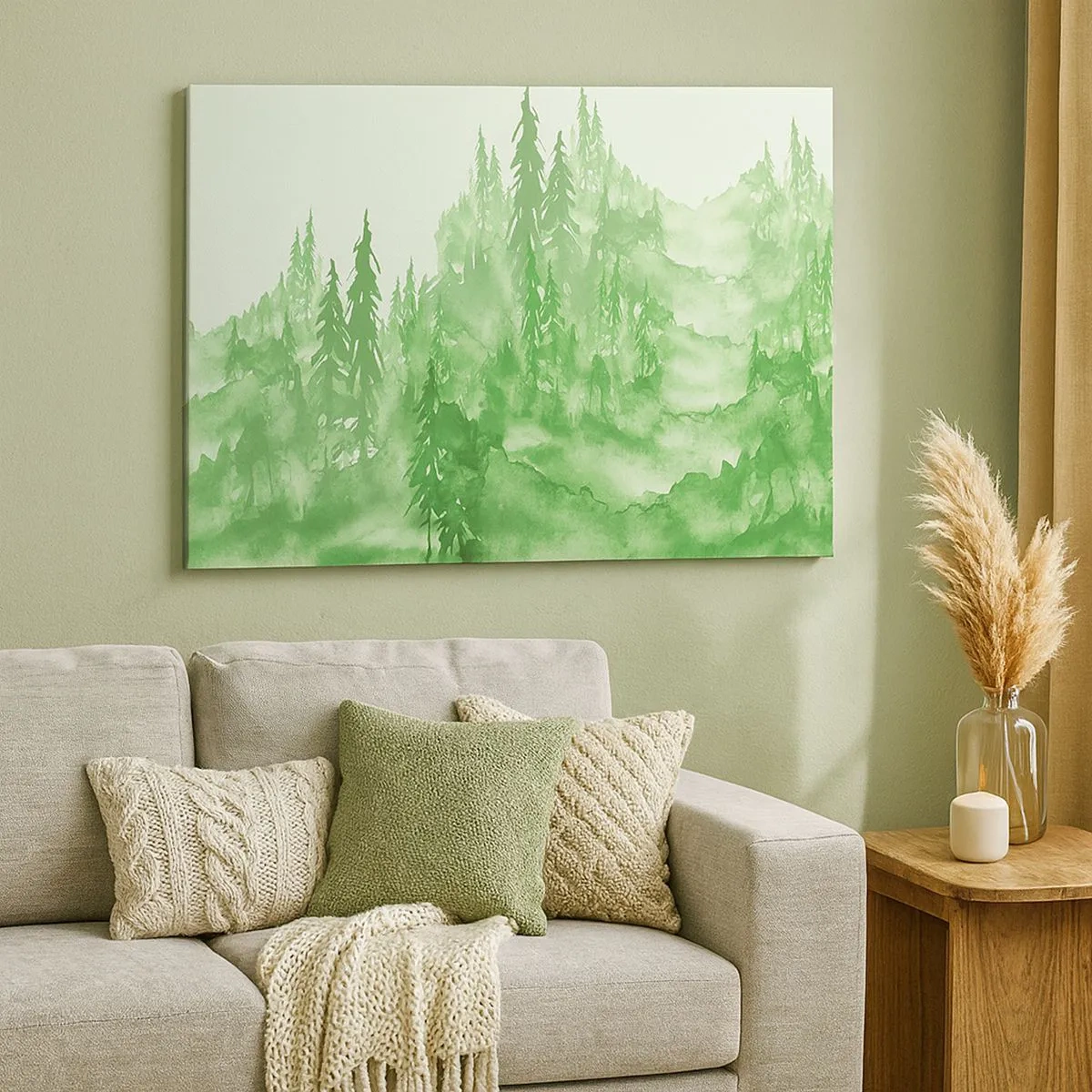 Cuadro sobre lienzo - Impresión de Imagen - Bosque verde en estilo acuarela sobre un fondo claro - 70x50cm - Difuminado con niebla verde - Decoración de pared moderna para salón y dormitorio ARTTOR