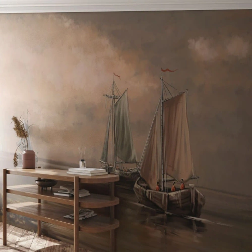 Fotomural Standard Eco - Barcos de vela tradicionales en un mar en calma - 100x70cm - El regreso de los marineros - Decoración de pared moderna para salón y dormitorio ARTTOR