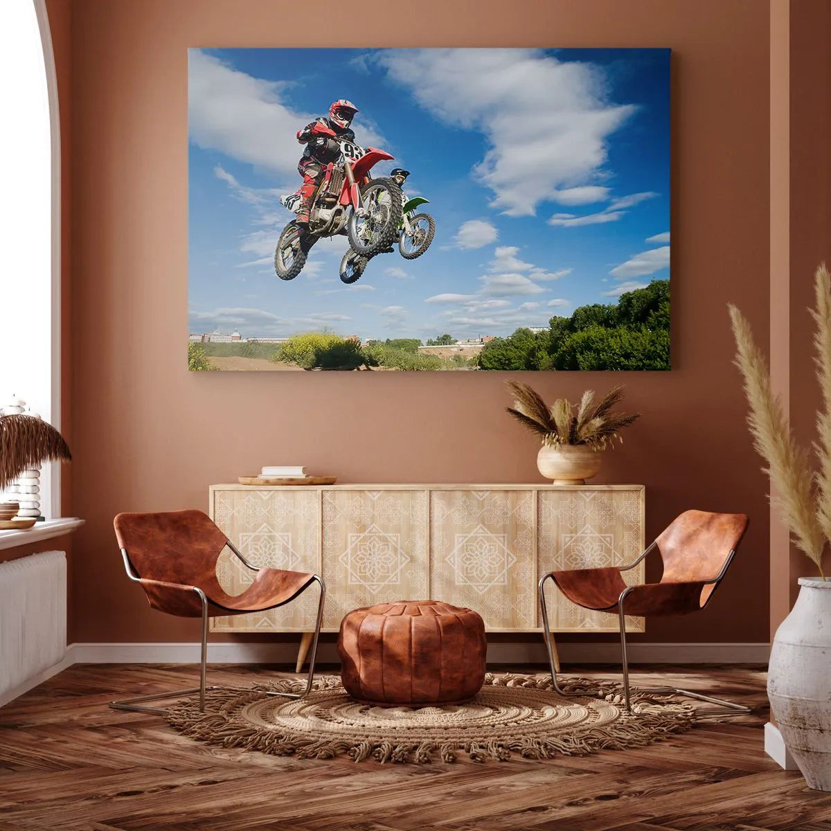 Cuadro sobre lienzo - Impresión de Imagen - Pilotos de motocross en el aire durante un salto - 120x80cm - Salto del cielo - Decoración de pared moderna para salón y dormitorio ARTTOR