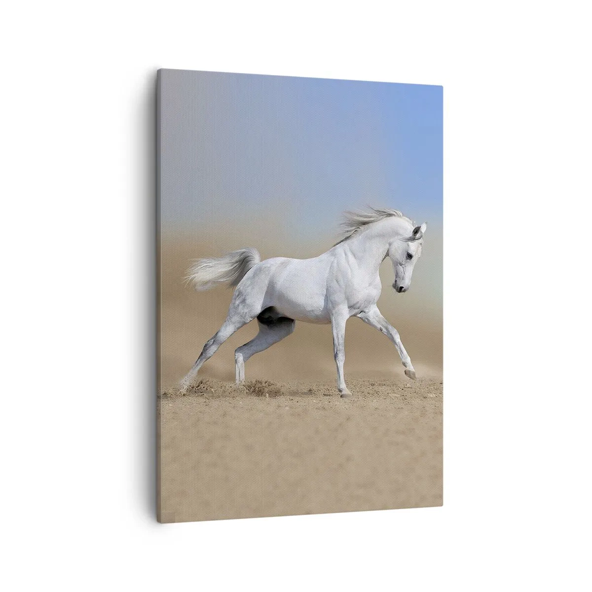 Cuadro sobre lienzo - Impresión de Imagen - Un caballo blanco galopando a través de un paisaje desértico. - 50x70cm - El más bello cuento de hadas árabe - Decoración de pared moderna para salón y dormitorio ARTTOR