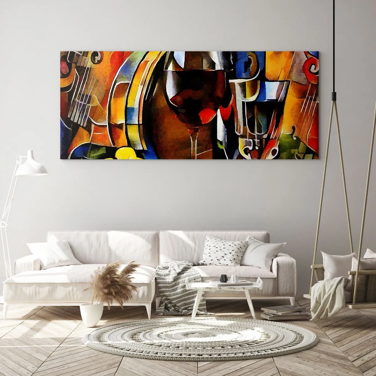 Cuadro sobre vidrio - Impresiones sobre Vidrio - Bodegón abstracto con gafas e instrumentos - 140x50cm - Y el mundo se vuelve más colorido - Decoración de pared moderna para salón y dormitorio ARTTOR