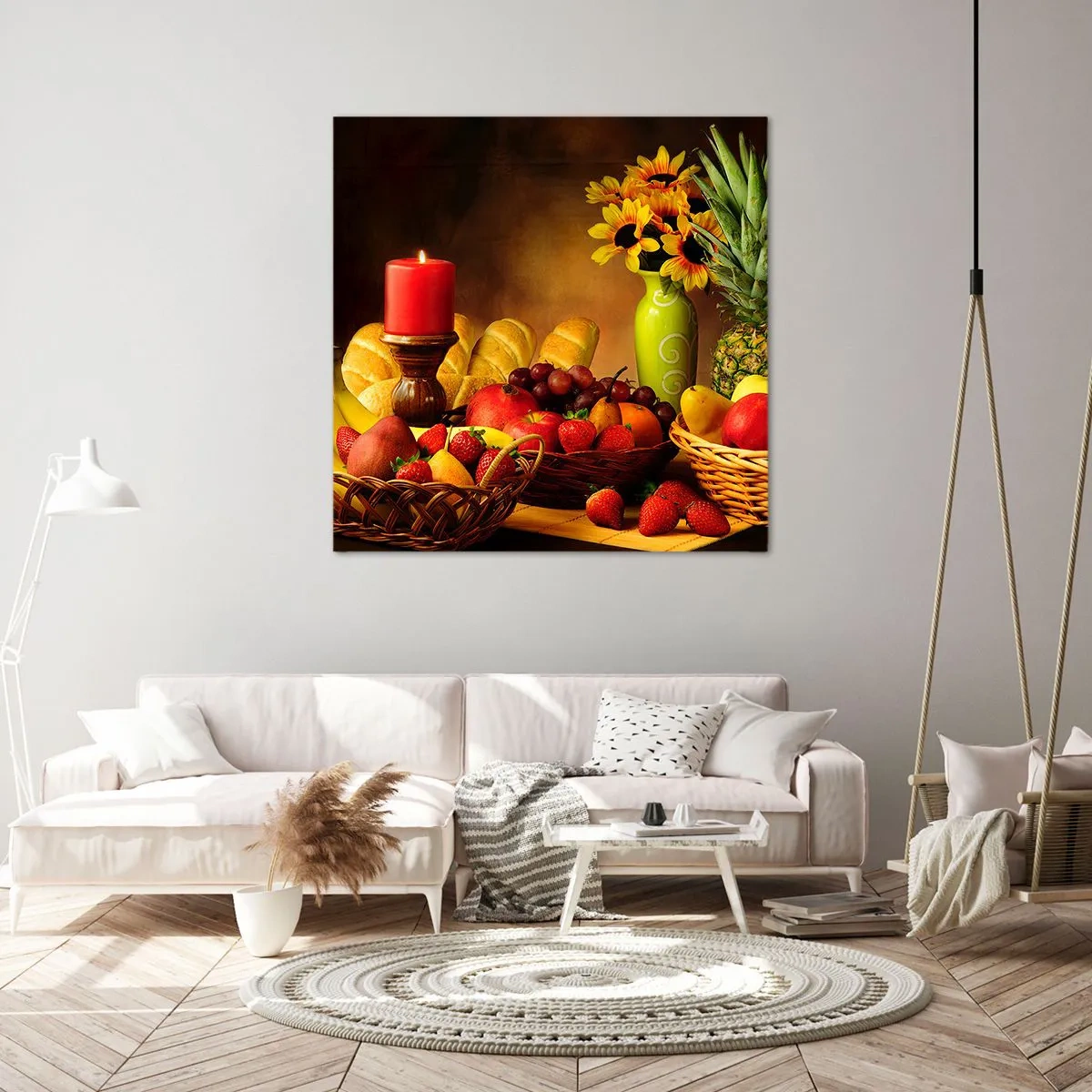Cuadro sobre lienzo - Impresión de Imagen - Bodegón con pan y fruta - 40x40 cm
