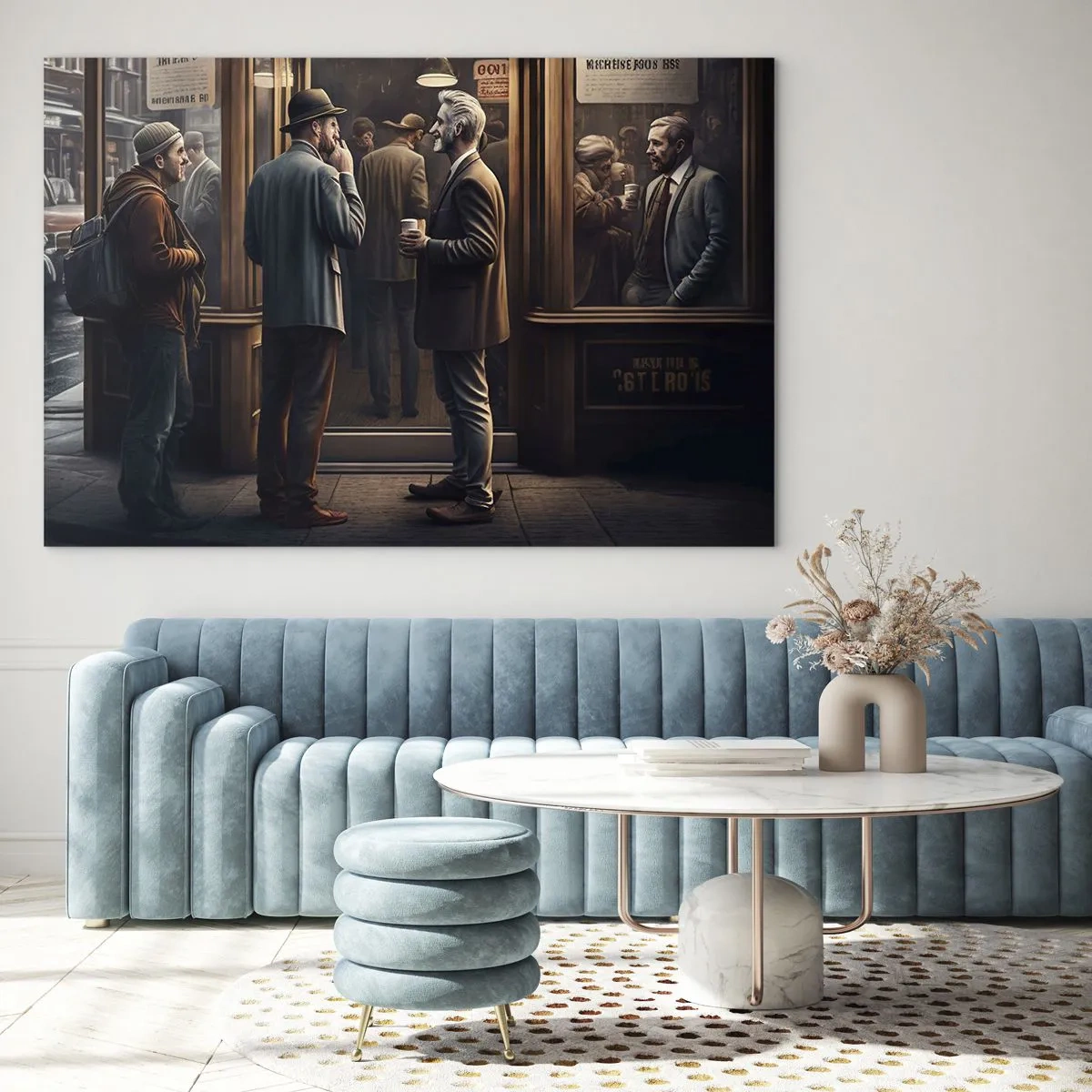 Cuadro sobre vidrio - Impresiones sobre Vidrio - Hombres charlando fuera de un café en un entorno urbano retro - 120x80cm - Un buen momento del día - Decoración de pared moderna para salón y dormitorio ARTTOR