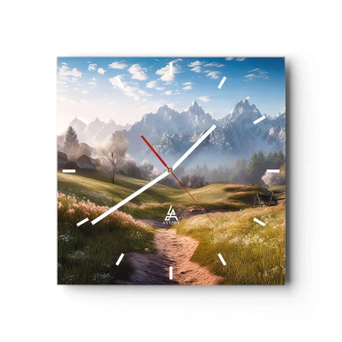 Reloj de pared - Reloj de vidrio - Un valle de montaña con prados, cabañas y vistas a los picos. - 30x30cm - Valle idílico - Decoración de pared moderna para salón y dormitorio ARTTOR