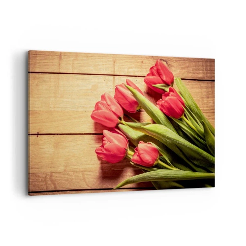 Cuadro sobre lienzo - Impresión de Imagen - Un ramo de tulipanes rosas sobre un fondo de madera. - 120x80cm - Una confesión primaveral - Decoración de pared moderna para salón y dormitorio ARTTOR