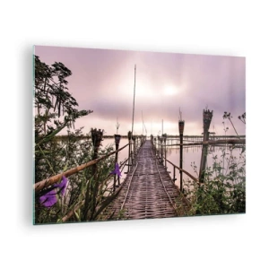 Cuadro sobre vidrio - Impresiones sobre Vidrio - Un puente de bambú que cruza el lago, rodeado de plantas y flores. - 70x50cm - La tranquilidad de Asia - Decoración de pared moderna para salón y dormitorio ARTTOR