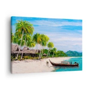 Cuadro sobre lienzo - Impresión de Imagen - Una playa exótica con palmeras y un barco en la orilla. - 70x50cm - Un sueño exótico - Decoración de pared moderna para salón y dormitorio ARTTOR