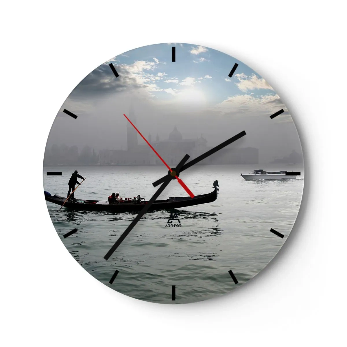 Reloj de pared - Reloj de vidrio - Una góndola en aguas tranquilas con un paisaje brumoso al fondo. - 30x30cm - Una fabulosa ciudad de agua y niebla - Decoración de pared moderna para salón, cocina y dormitorio ARTTOR
