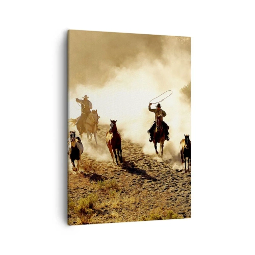 Cuadro sobre lienzo - Impresión de Imagen - Vaqueros a caballo en acción en el terreno desértico. - 50x70cm - El salvaje oeste - Decoración de pared moderna para salón y dormitorio ARTTOR