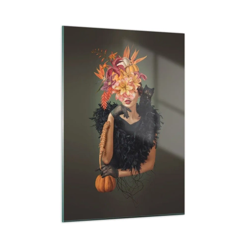 Cuadro sobre vidrio - Impresiones sobre Vidrio - Figura de una mujer de negro con una calabaza, un gato y un arreglo floral. - 50x70cm - Hechizo de bruja - Decoración de pared moderna para salón y dormitorio ARTTOR