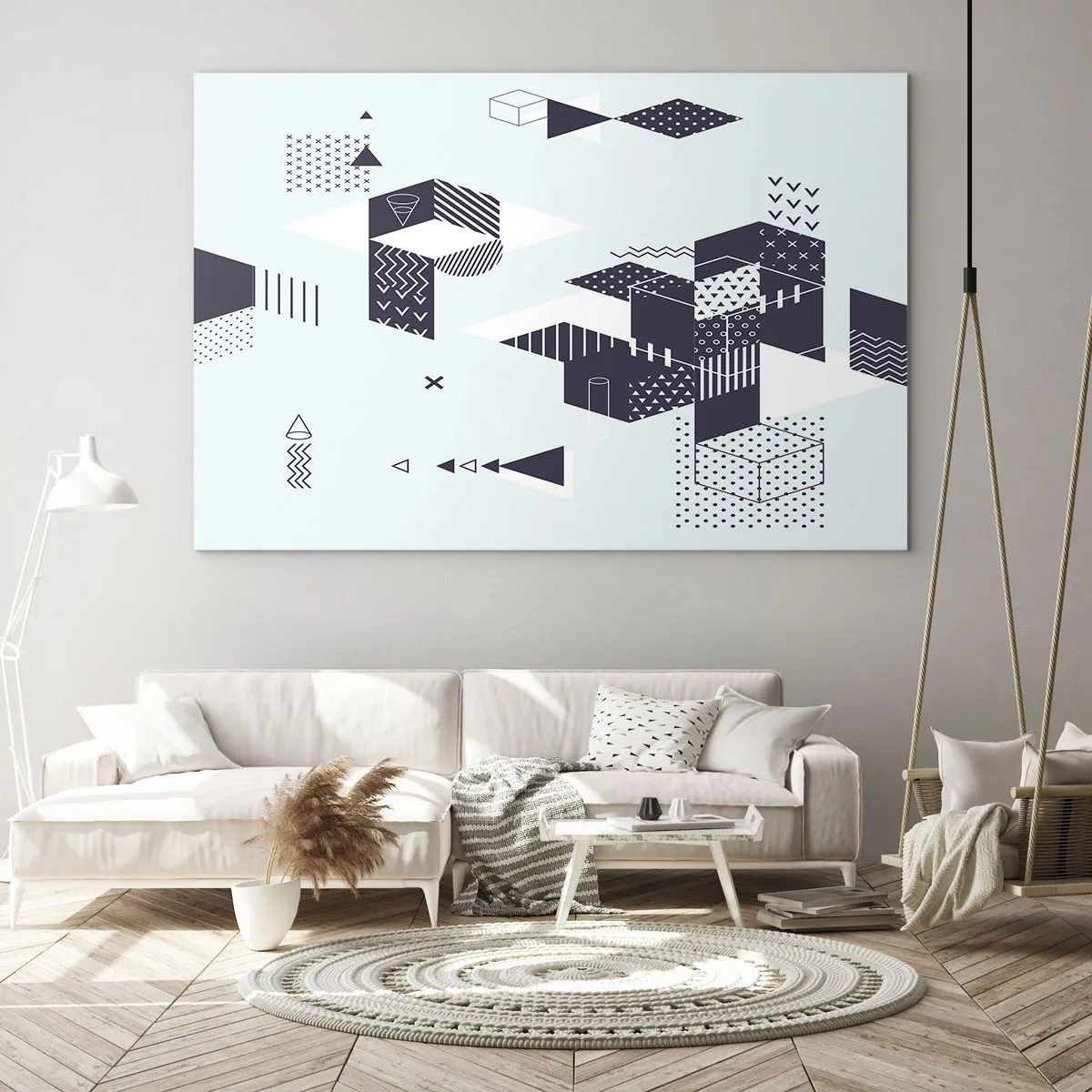 Cuadro sobre vidrio - Impresiones sobre Vidrio - Composición geométrica abstracta en blanco y negro sobre un fondo claro. - 70x50cm - Las matemáticas en el alma - Decoración de pared moderna para salón y dormitorio ARTTOR