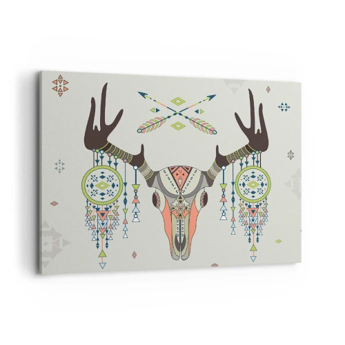 Cuadro sobre lienzo - Impresión de Imagen - Decoración boho con calavera de ciervo y atrapasueños - 120x80cm - Trofeo de cazador indio - Decoración de pared moderna para salón y dormitorio ARTTOR