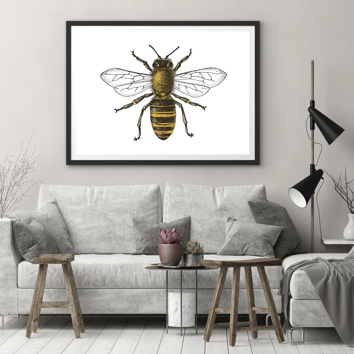 Póster en marco negro - Ilustración detallada de una abeja sobre un fondo blanco. - 70x50cm - Bondad natural - Decoración de pared moderna para salón y dormitorio ARTTOR