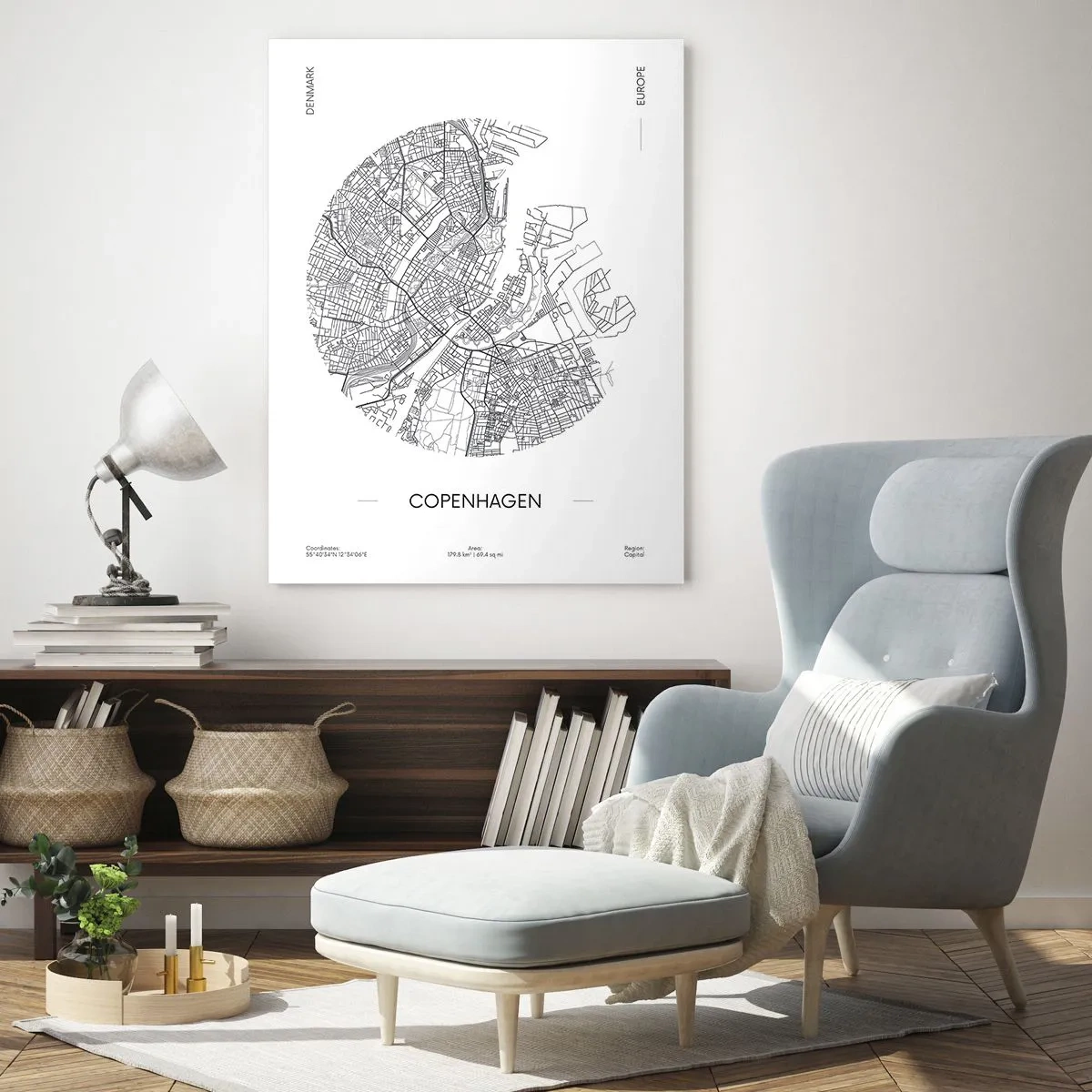 Cuadro sobre vidrio - Impresiones sobre Vidrio - Un mapa de Copenhague en forma de boceto gráfico de calles - 50x70cm - Anatomía de Copenhague - Decoración de pared moderna para salón y dormitorio ARTTOR