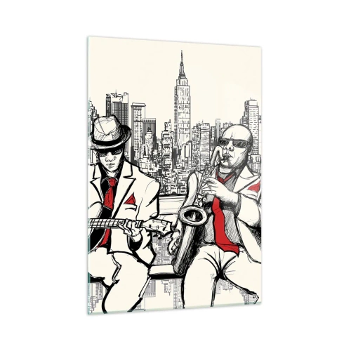 Cuadro sobre vidrio - Impresiones sobre Vidrio - Dos músicos de jazz tocando con el horizonte de la ciudad como telón de fondo. - 50x70cm - Improvisación en Nueva York - Decoración de pared moderna para salón y dormitorio ARTTOR