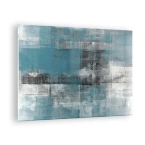 Cuadro sobre vidrio - Impresiones sobre Vidrio - Abstracción en tonos azules y grises con formas geométricas. - 70x50cm - Agua y aire - Decoración de pared moderna para salón y dormitorio ARTTOR
