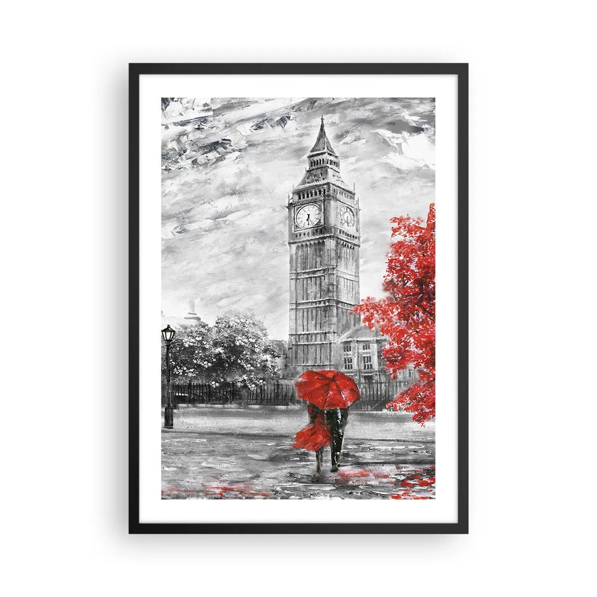 Póster en marco negro - Torre del Reloj con Paraguas Rojo - 50x70cm - Un día emocionante - Decoración de pared moderna para salón y dormitorio ARTTOR