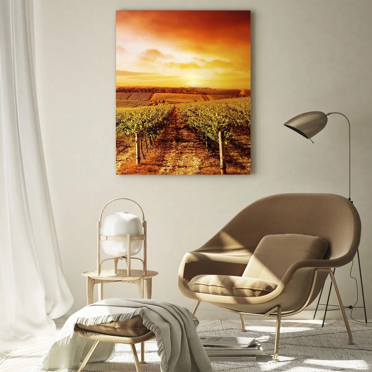Cuadro sobre vidrio - Impresiones sobre Vidrio - Viñedo al atardecer con tonos cálidos del cielo. - 80x120cm - Delicadamente afrutado con un toque de sol - Decoración de pared moderna para salón y dormitorio ARTTOR
