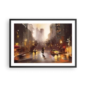 Póster en marco negro - Una escena urbana nocturna a la luz de las farolas y los reflejos en una calle mojada. - 70x50cm - En las luces de Nueva York - Decoración de pared moderna para salón y dormitorio ARTTOR