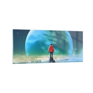 Cuadro sobre vidrio - Impresiones sobre Vidrio - Un hombre con una chaqueta roja de pie frente a un gran planeta con estrellas en el fondo. - 120x50cm - Descubridor de una nueva Tierra - Decoración de pared moderna para salón y dormitorio ARTTOR
