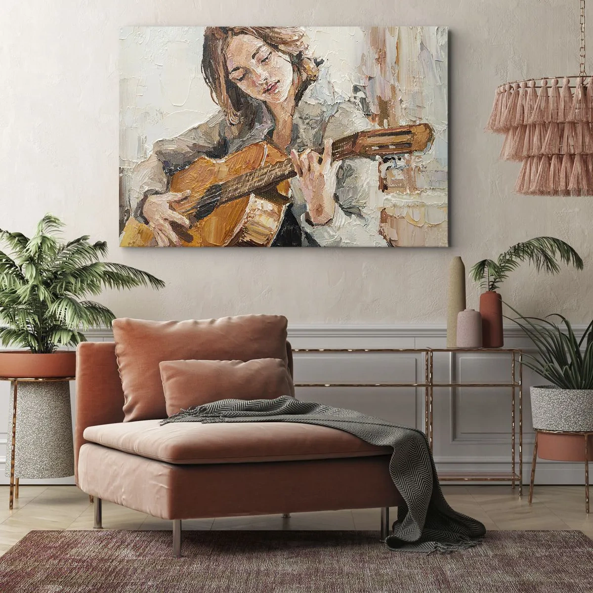 Cuadro sobre lienzo - Impresión de Imagen - Retrato de una niña tocando la guitarra en estilo pictórico con colores cálidos. - 120x80cm - Concierto de guitarra y corazón joven - Decoración de pared moderna para salón y dormitorio ARTTOR