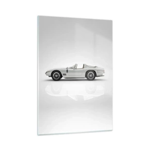 Cuadro sobre vidrio - Impresiones sobre Vidrio - Un clásico convertible blanco sobre un fondo minimalista con reflejos. - 50x70cm - Una promesa de diversión - Decoración de pared moderna para salón y dormitorio ARTTOR