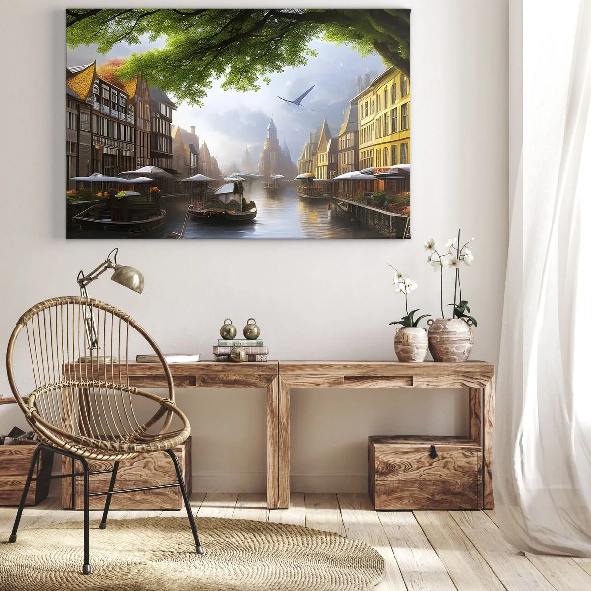 Cuadro sobre lienzo - Impresión de Imagen - Un pintoresco paisaje holandés con un canal y casas de vecindad. - 70x50cm - Paisaje urbano holandés - Decoración de pared moderna para salón y dormitorio ARTTOR
