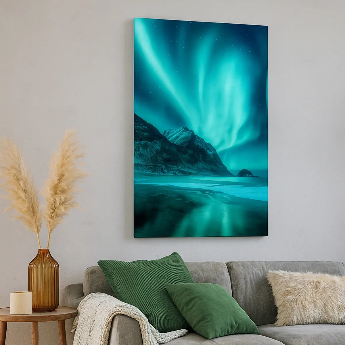 Cuadro sobre lienzo - Impresión de Imagen - Aurora boreal sobre un paisaje invernal montañoso - 50x70cm - Maravillas del norte - Decoración de pared moderna para salón y dormitorio ARTTOR