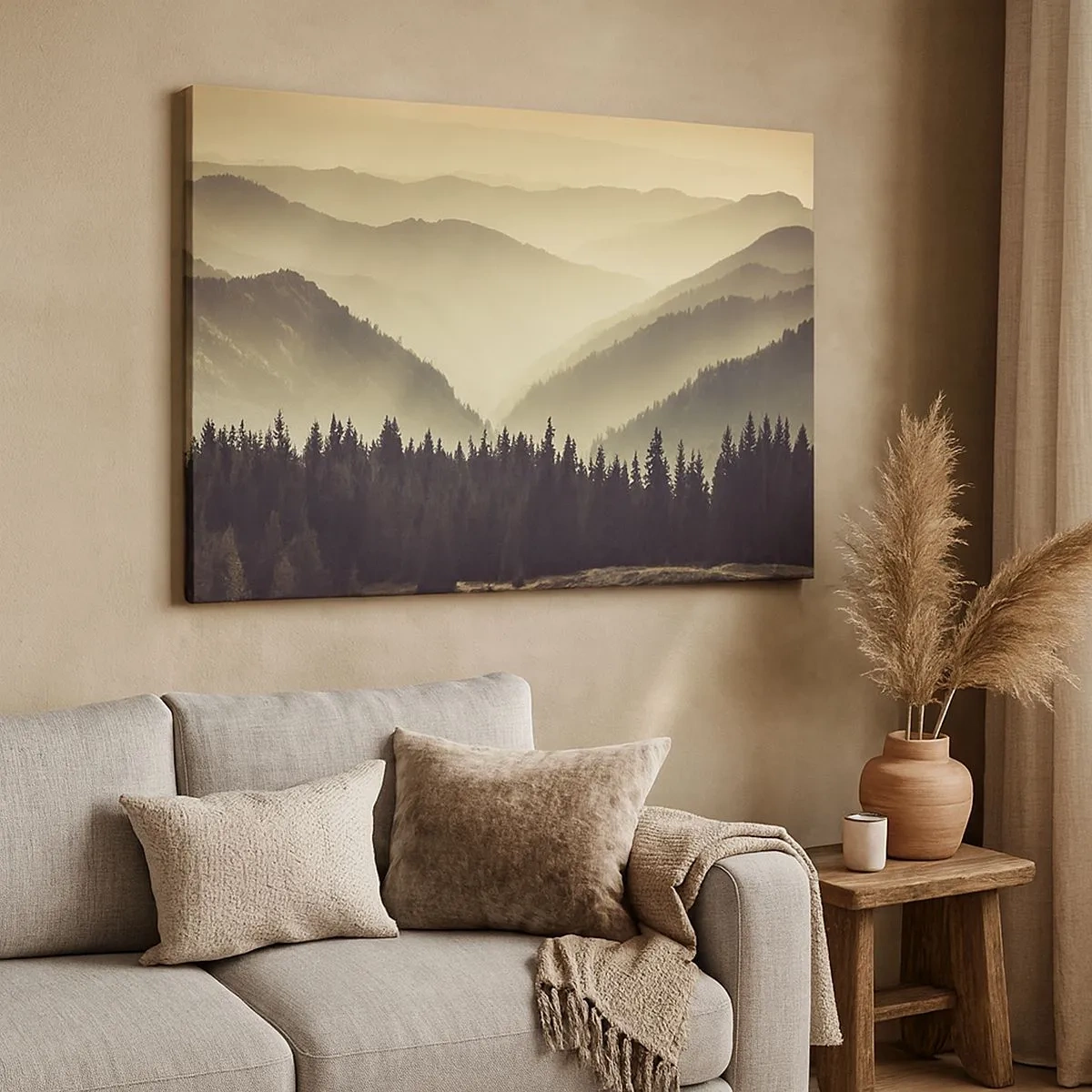 Cuadro sobre lienzo - Impresión de Imagen - Pintorescas cadenas montañosas envueltas en niebla y con una luz cálida - 70x50cm - Más allá de las siete montañas... - Decoración de pared moderna para salón y dormitorio ARTTOR