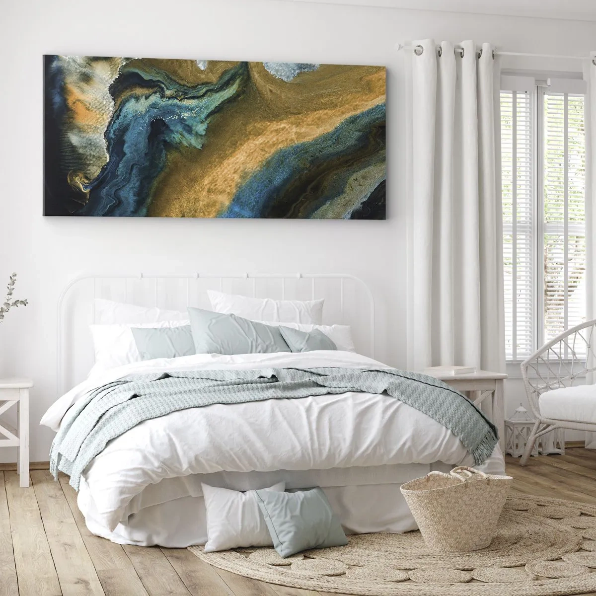 Cuadro sobre lienzo - Impresión de Imagen - Ondas abstractas en tonos dorados y azules. - 160x50cm - Azul - amarillo - influencia mutua - Decoración de pared moderna para salón y dormitorio ARTTOR