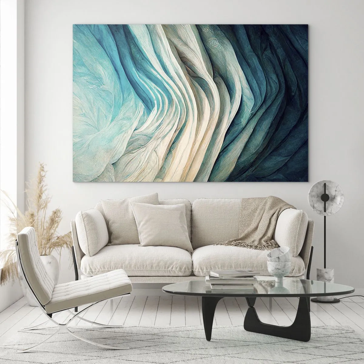 Cuadro sobre vidrio - Impresiones sobre Vidrio - Ondas abstractas en tonos azules y beige - 70x50cm - Azul insaciable - Decoración de pared moderna para salón y dormitorio ARTTOR