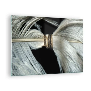 Cuadro sobre vidrio - Impresiones sobre Vidrio - Primer plano de anillos de boda sobre plumas blancas sobre un fondo negro - 70x50cm - ...y no te dejaré.... - Decoración de pared moderna para salón y dormitorio ARTTOR