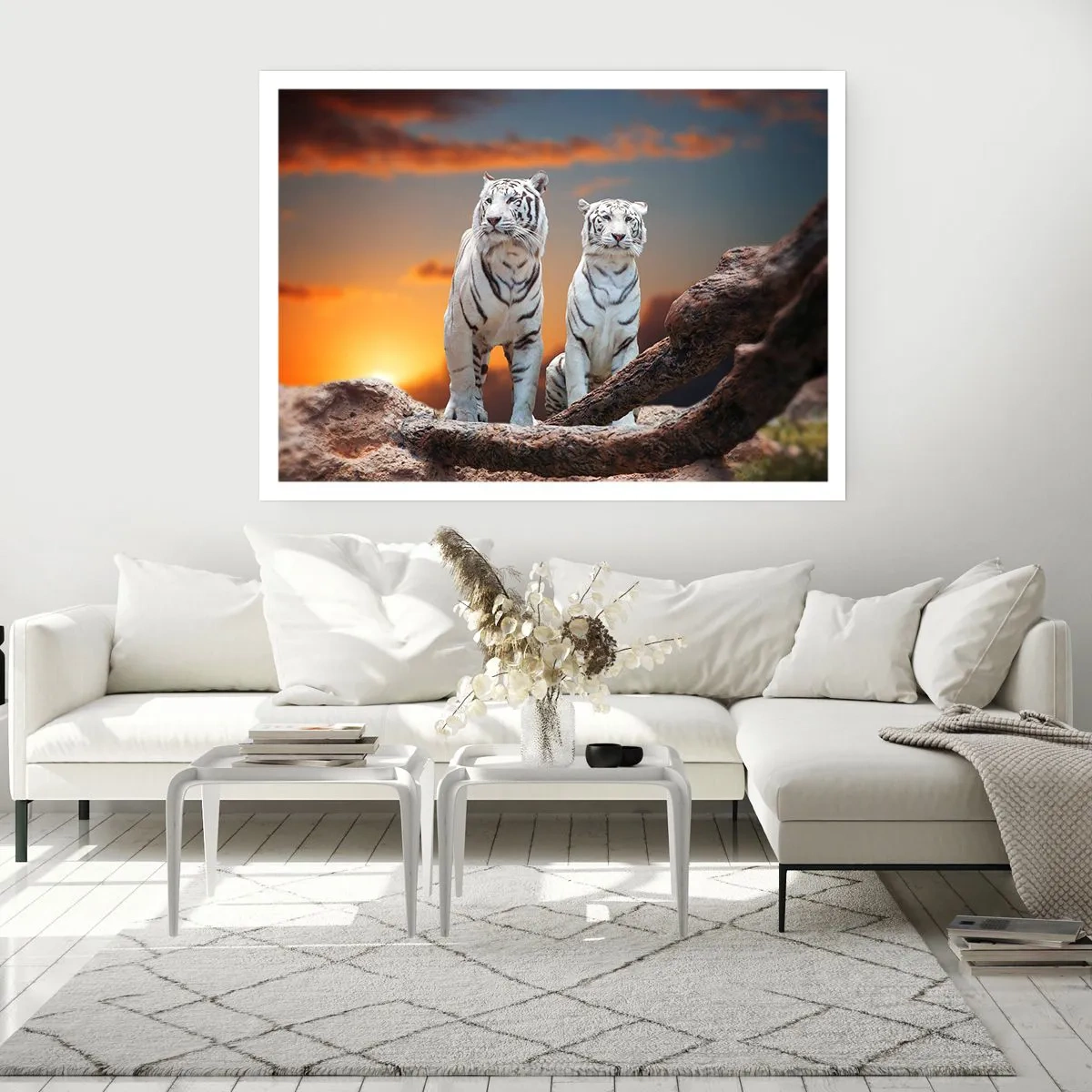Póster - Tigres blancos al atardecer con la naturaleza como telón de fondo - 100x70cm - Como en Narnia - Decoración de pared moderna para salón y dormitorio ARTTOR