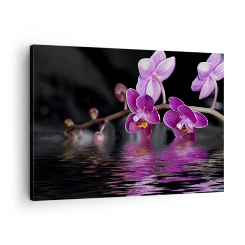 Cuadro sobre lienzo - Impresión de Imagen - Orquídeas moradas sobre aguas tranquilas contra un fondo negro. - 70x50cm - Un reflejo lila de la belleza - Decoración de pared moderna para salón y dormitorio ARTTOR